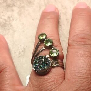 💚💞Stunning!/Green Parodite &Druzy quartz Ring🍏❤️